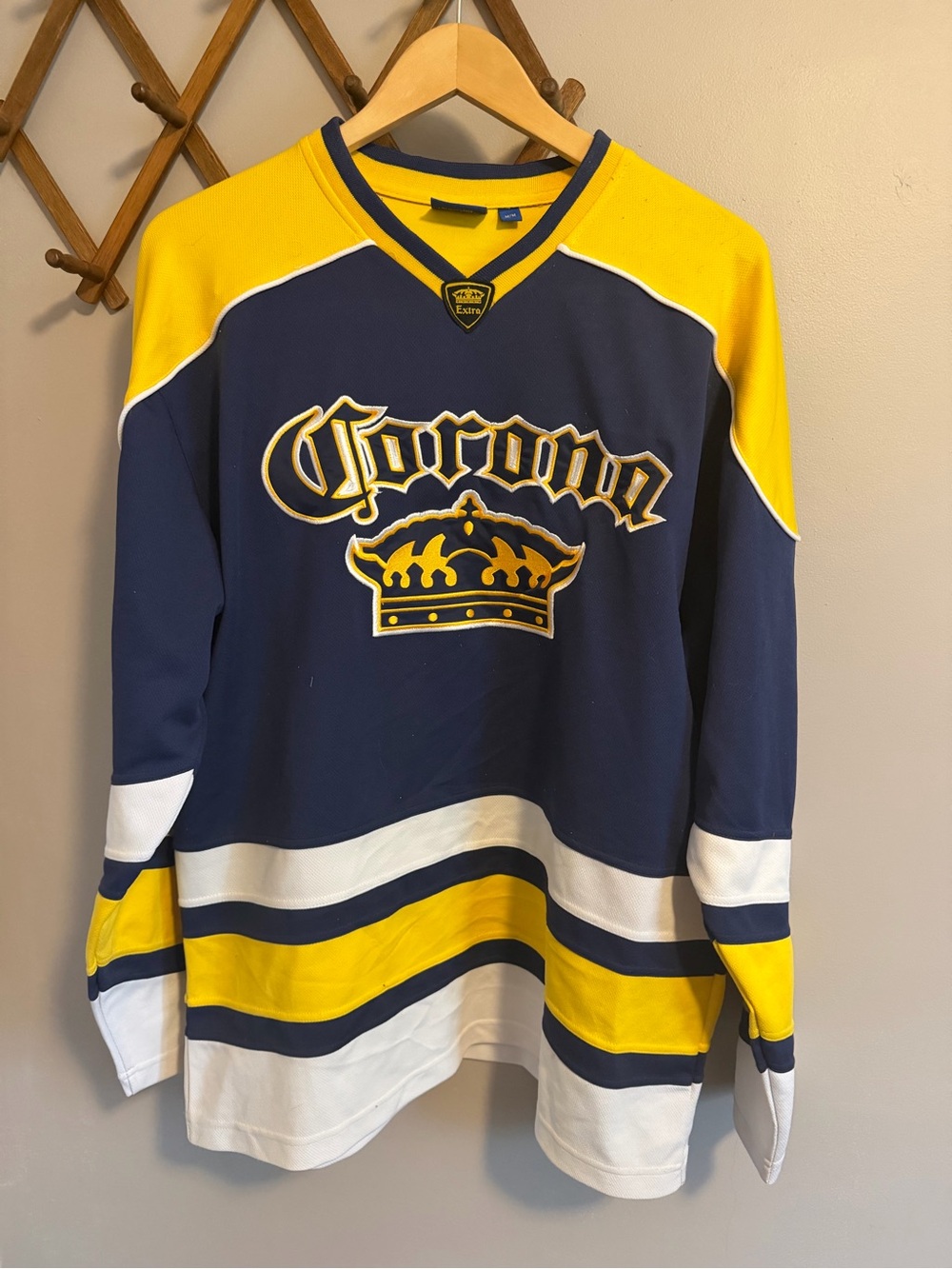 Corona Extra Beer Embroidered Hockey Jersey Blue Yellow M